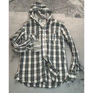 FCUK French Connection Shirt Vintage Y2K Plaid Hooded Button Up Size Large 2000s